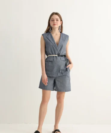 Blue vest and shorts set with contrast belt