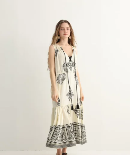 cream embroidered maxi dress front view