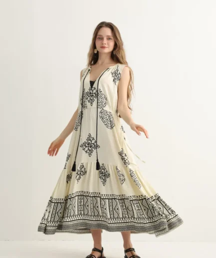 cream embroidered maxi dress with tassel ties
