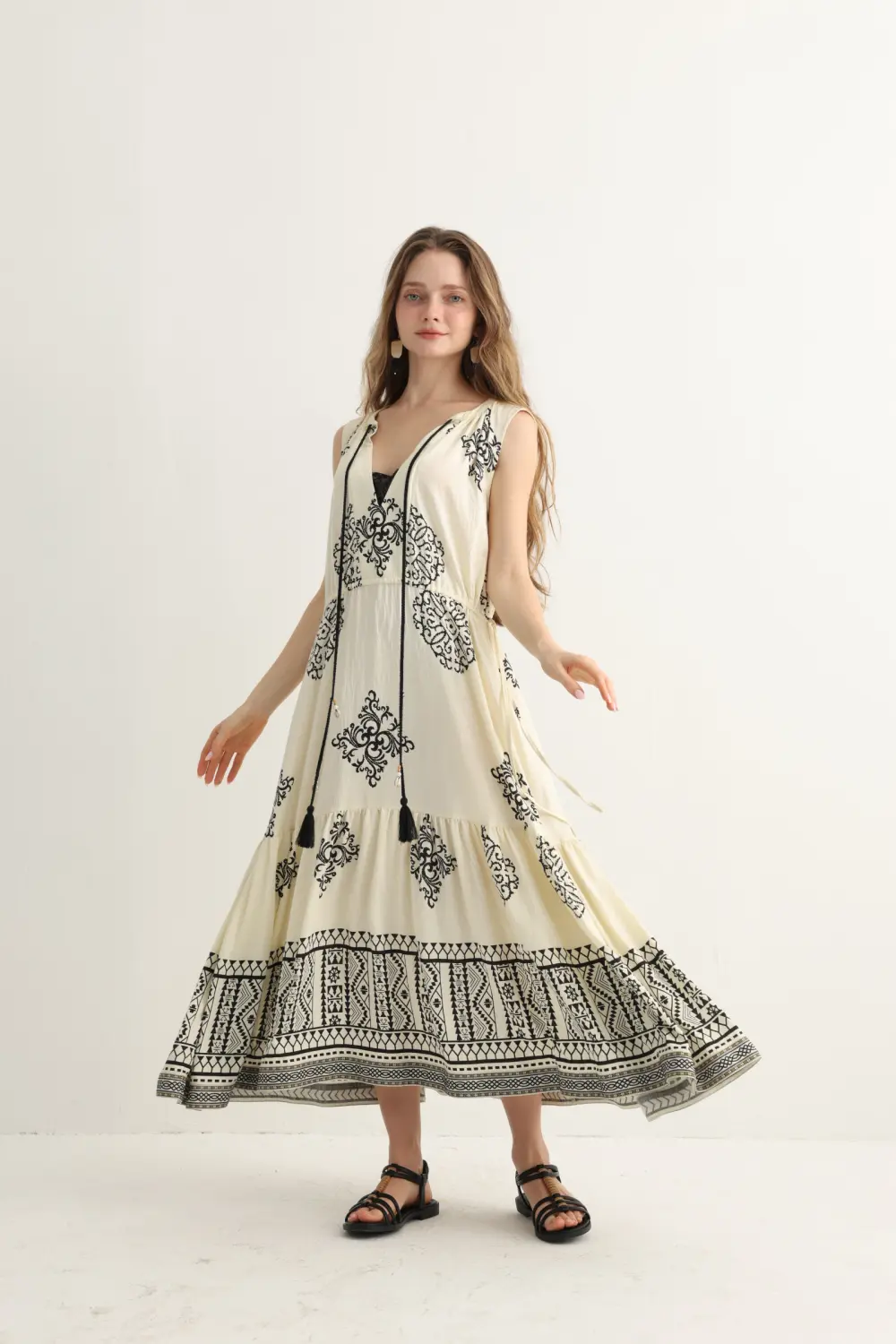 cream embroidered maxi dress with tassel ties