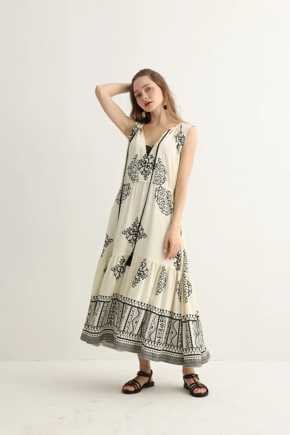 Cream Embroidered Maxi Dress with Tassels - Image 5
