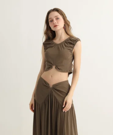 Earthy brown O-ring crop top and maxi skirt set