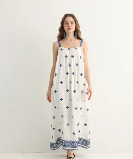 Greek-inspired blue embroidered maxi dress front view