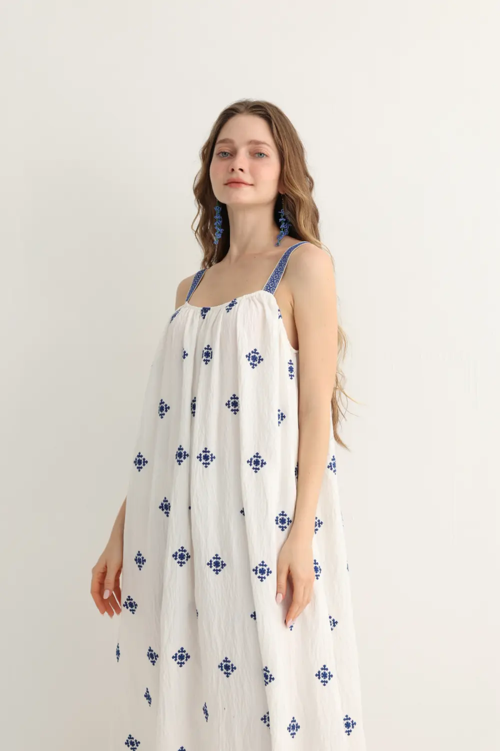 Greek-Inspired Blue Embroidered Maxi Dress - Image 3