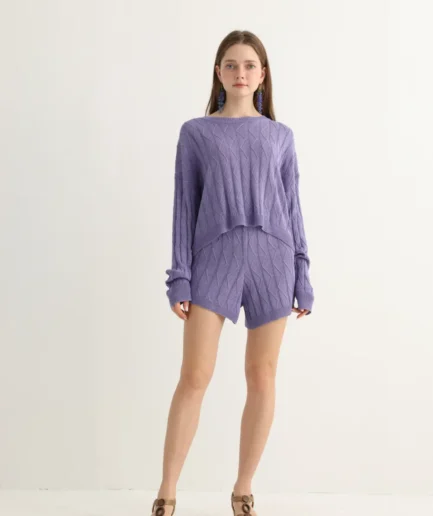 Lavender knit shorts set front view