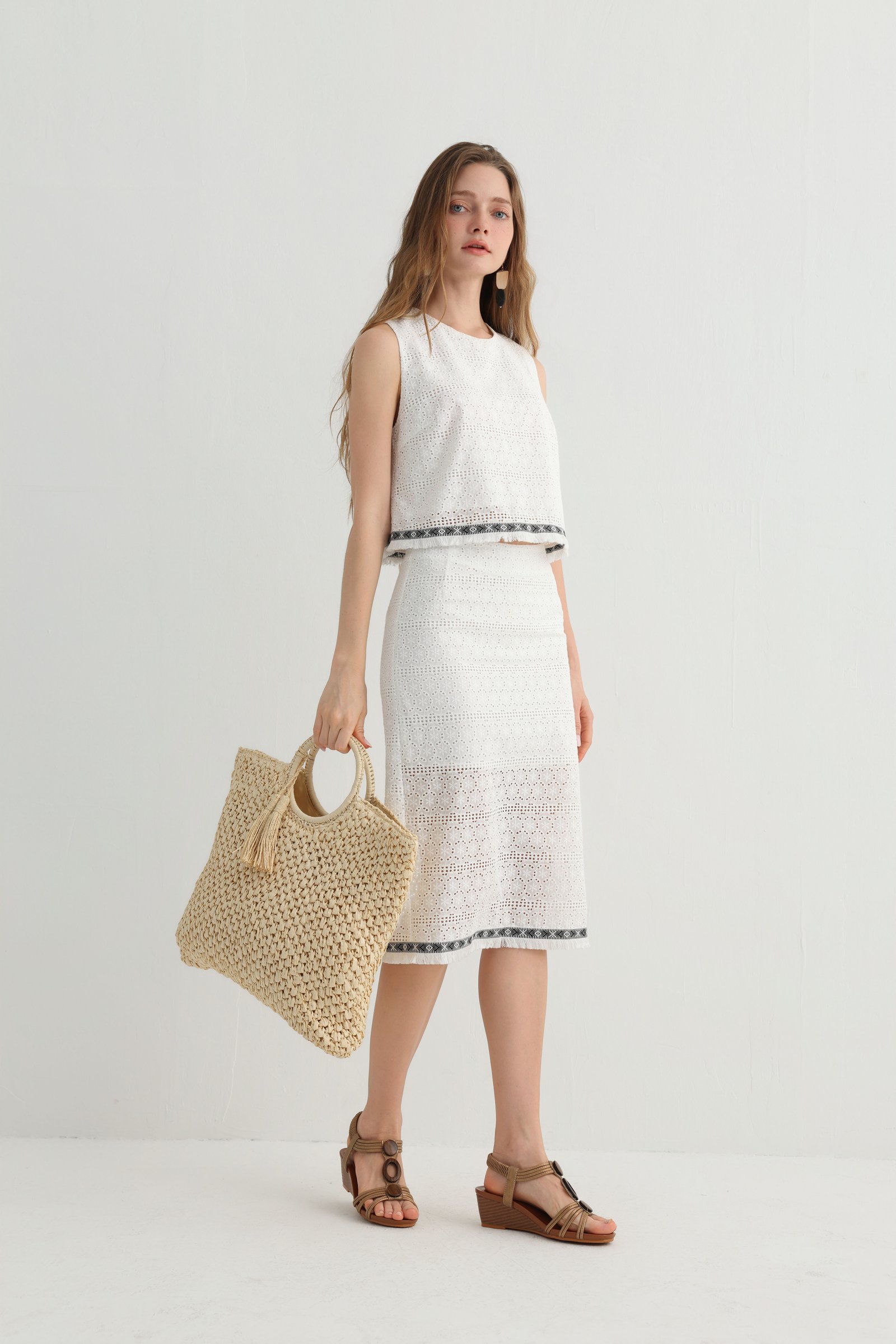 White Embroidered Skirt Set with Crop Top - Image 8