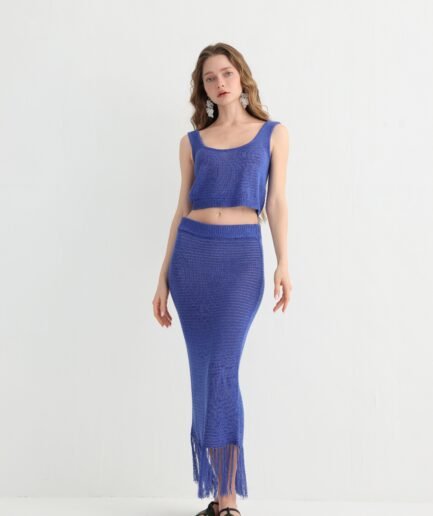 Blue knit crop top skirt set with fringe hem