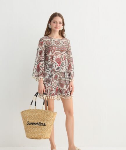 Bohemian print tunic top with tassel trim