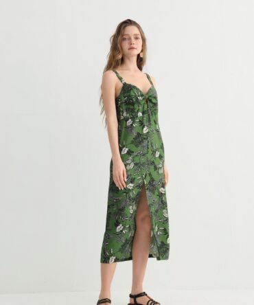 Green leaf print spaghetti strap dress side view