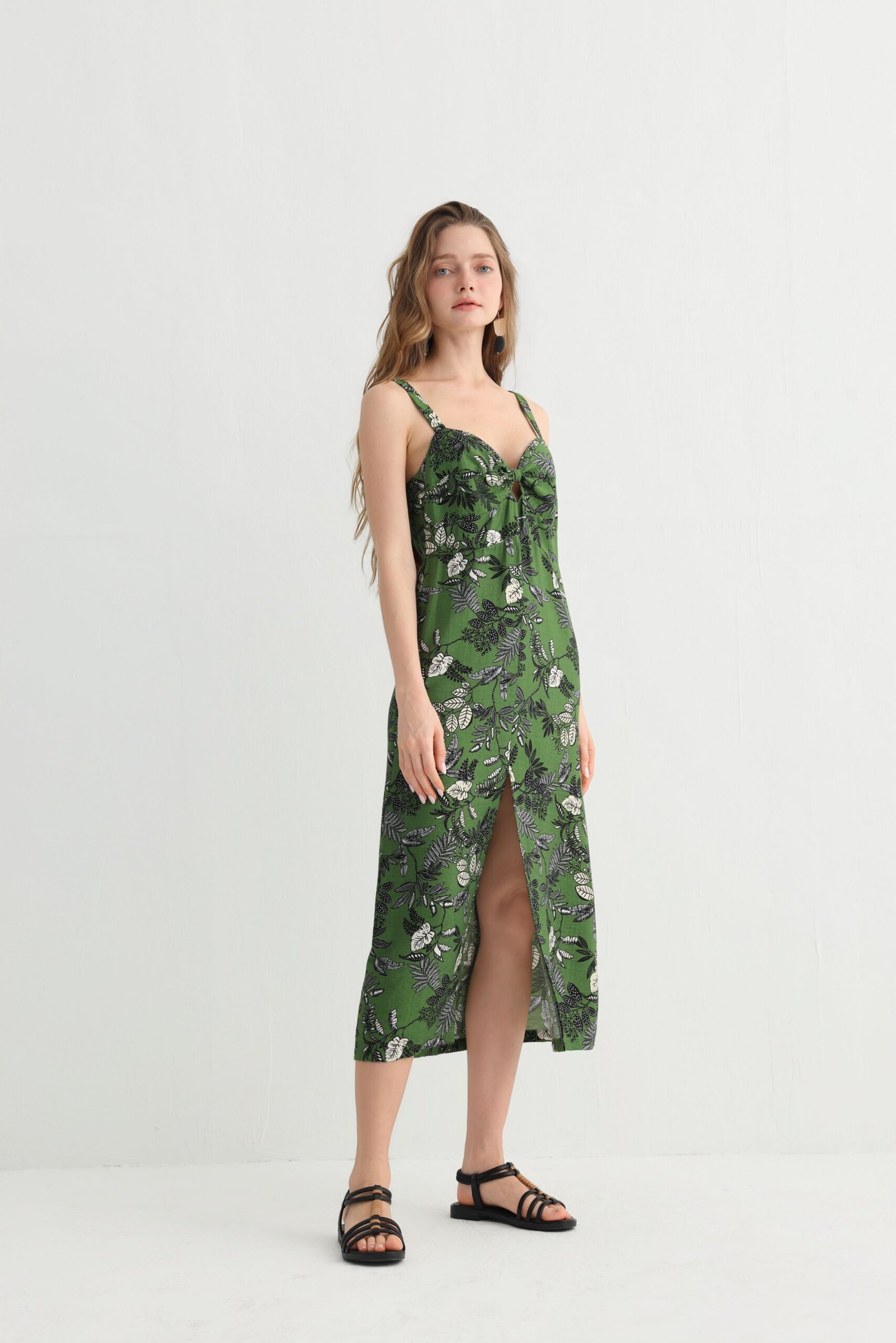 IMG_9872 Green leaf print spaghetti strap dress side view