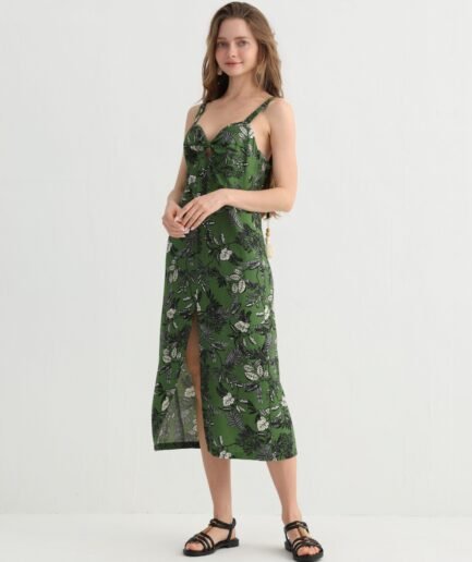 Green leaf print spaghetti strap dress front view