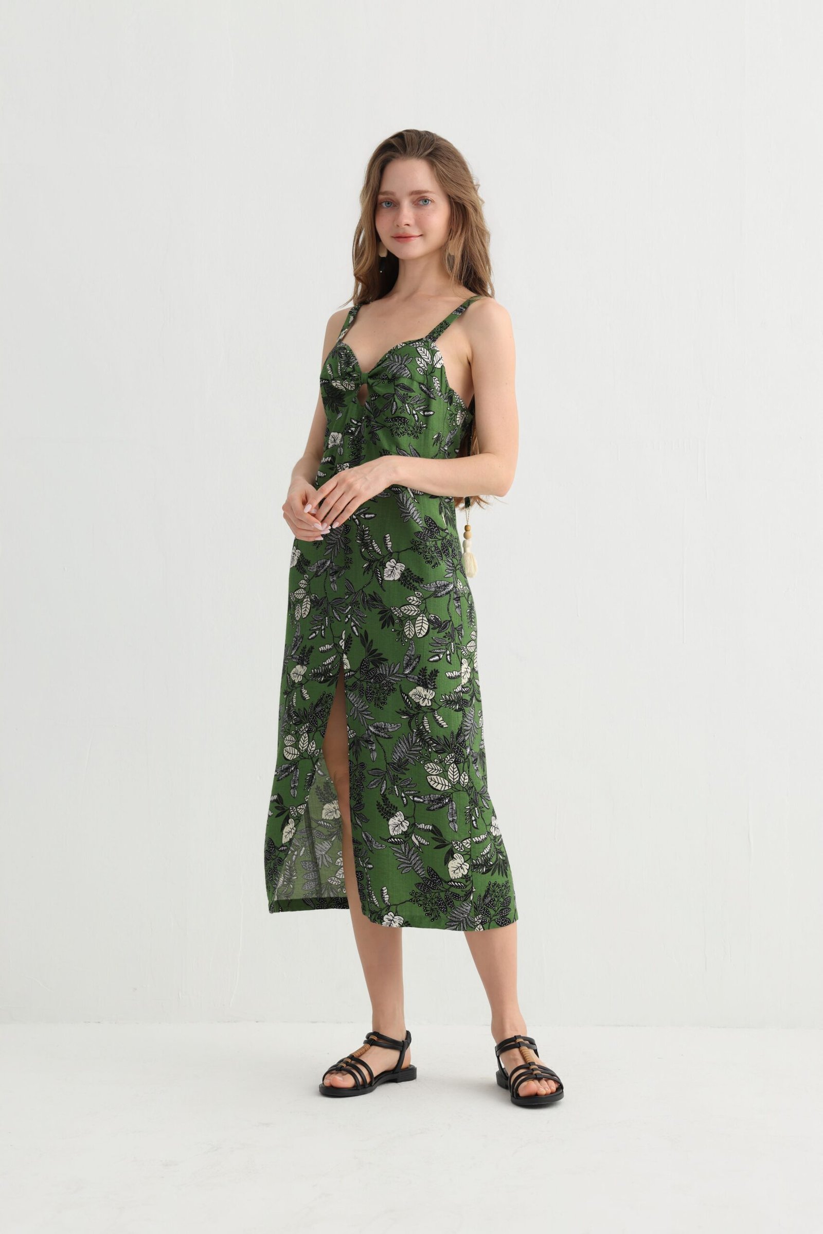 IMG_9875 Green leaf print spaghetti strap dress front view
