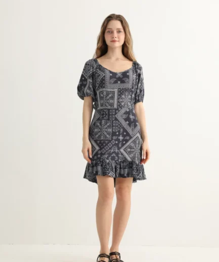 Navy Bandana Print Ruffle Mini Dress