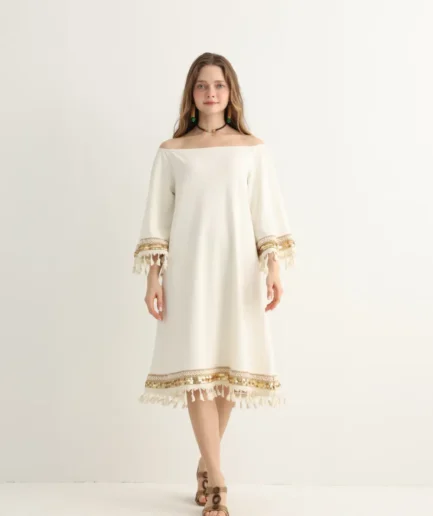 White boho midi dress with gold embroidery and tassel trim