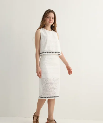 White Embroidered Skirt Set with Crop Top