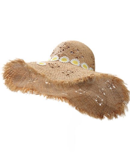 English Title: Vintage Lazy Style Furry Frayed Edge Large Brim Hat, Pastoral Floral Decor Designed Sun Hat, Summer Picnic Beach Outing Essential, Literary Fresh Vacation Style Sunscreen Hat.