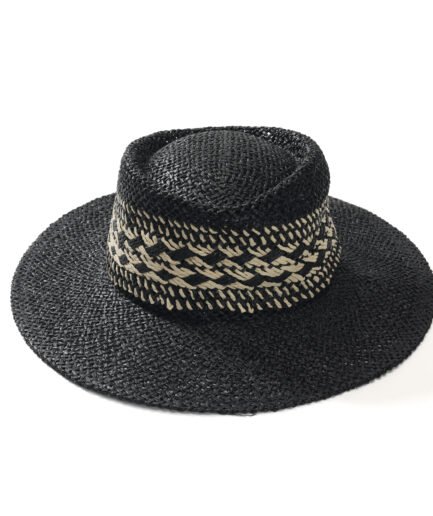 Retro Casual Black Woven Flat-Top Hat, Geometric Pattern Ribbon Designer Straw Hat, Summer Outdoor Camping Sun Hat, Unisex Versatile Fashion Hat.