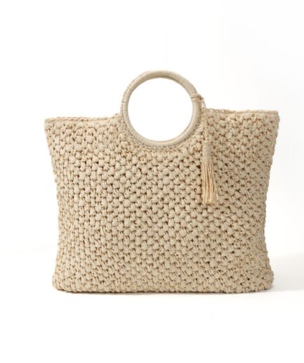 Bohemian Round Handle Hollow Woven Tote Bag, Rattan Large Capacity Vacation Beach Bag, Summer Seaside Travel Versatile Straw Handbag.
