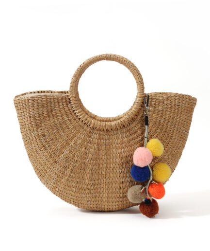 Stunning Colorful Pom-Pom Decor Woven Bag! Round Handle Vacation Style, Summer Beach Outing Atmosphere Essential, Versatile Half-Moon Straw Tote.
