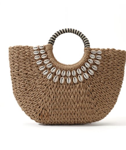 Exquisite Vintage Shell Bead Accent Woven Bag, Handmade Round Handle Large Capacity Straw Bag, Summer Street Vacation Versatile, Retro Vacation Style Tote.