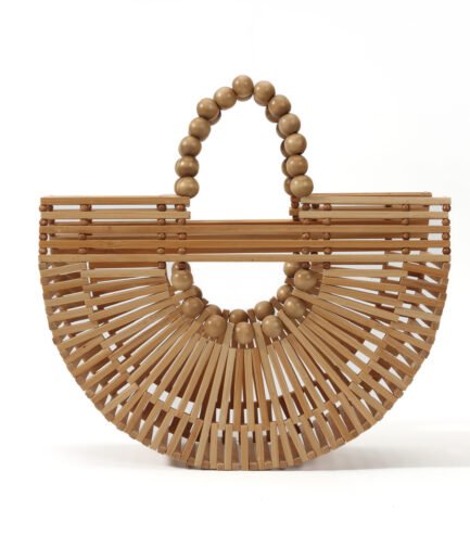 Retro Vacation Style Natural Wood Geometric Woven Bag, Wood Bead Handle Large Capacity Handmade Bag, Summer Beach Versatile Premium Tote.