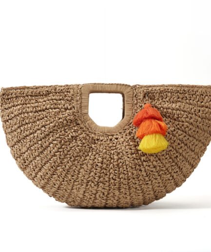High Aesthetic Square Handle Woven Bag! Colorful Pom-Pom Accent Summer Vacation Style, Beach Outing Photo Prop, Versatile Half-Moon Straw Bag.