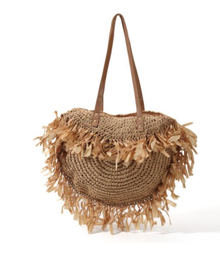 Literary Relaxed Frayed Tassel Straw Bag, Long Strap Shoulder Large Capacity Handmade Bag, Summer Picnic Outing Vacation Versatile, Retro Vacation Tote.