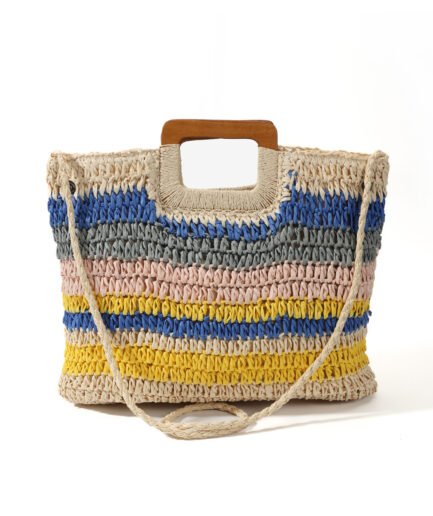 Artistic Color-Block Striped Woven Bag, Wood Handle Hand-Crocheted Tote, Summer Island Vacation Daily Versatile, Fresh Vibrant Straw Bag.