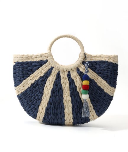 Navy Radial Striped Round Handle Woven Bag, Colorful Contrast Tassel Accent Vacation Straw Bag, Beach Travel Versatile Half-Moon Tote.