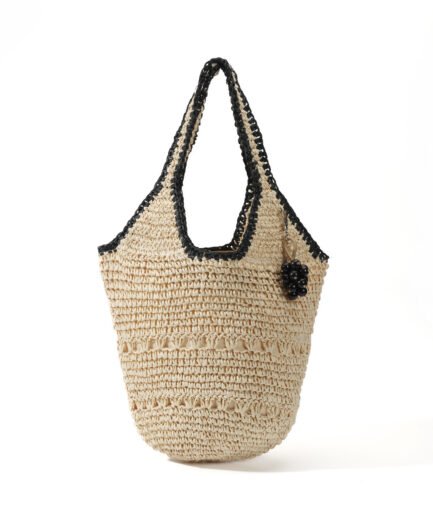 Versatile Essential Black-Trim Bucket Woven Bag! Minimalist Design Large Capacity Super Storage, Summer Commute Vacation Photo Essential, Fresh Minimalist Straw Tote.