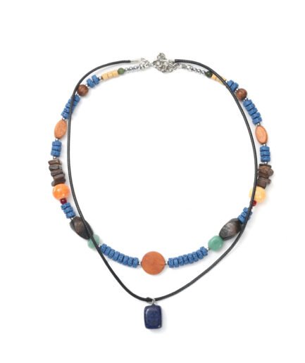 Super Designer Blue-Orange Color-Block Necklace! Thin String Beads with Geometric Dark Blue Pendant, Summer Vacation Outing Photo Essential.