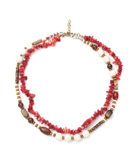 Tropical Vacation Red-White Beaded Necklace! Textured Irregular Bead Layered, Summer Island Travel Photo Prop.