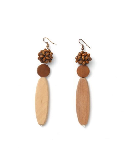 Retro Handmade Multi-Layer Patchwork Earrings, Wood Bead Disc with Natural Long Teardrop, Literary Versatile Vacation Ear Accessory.