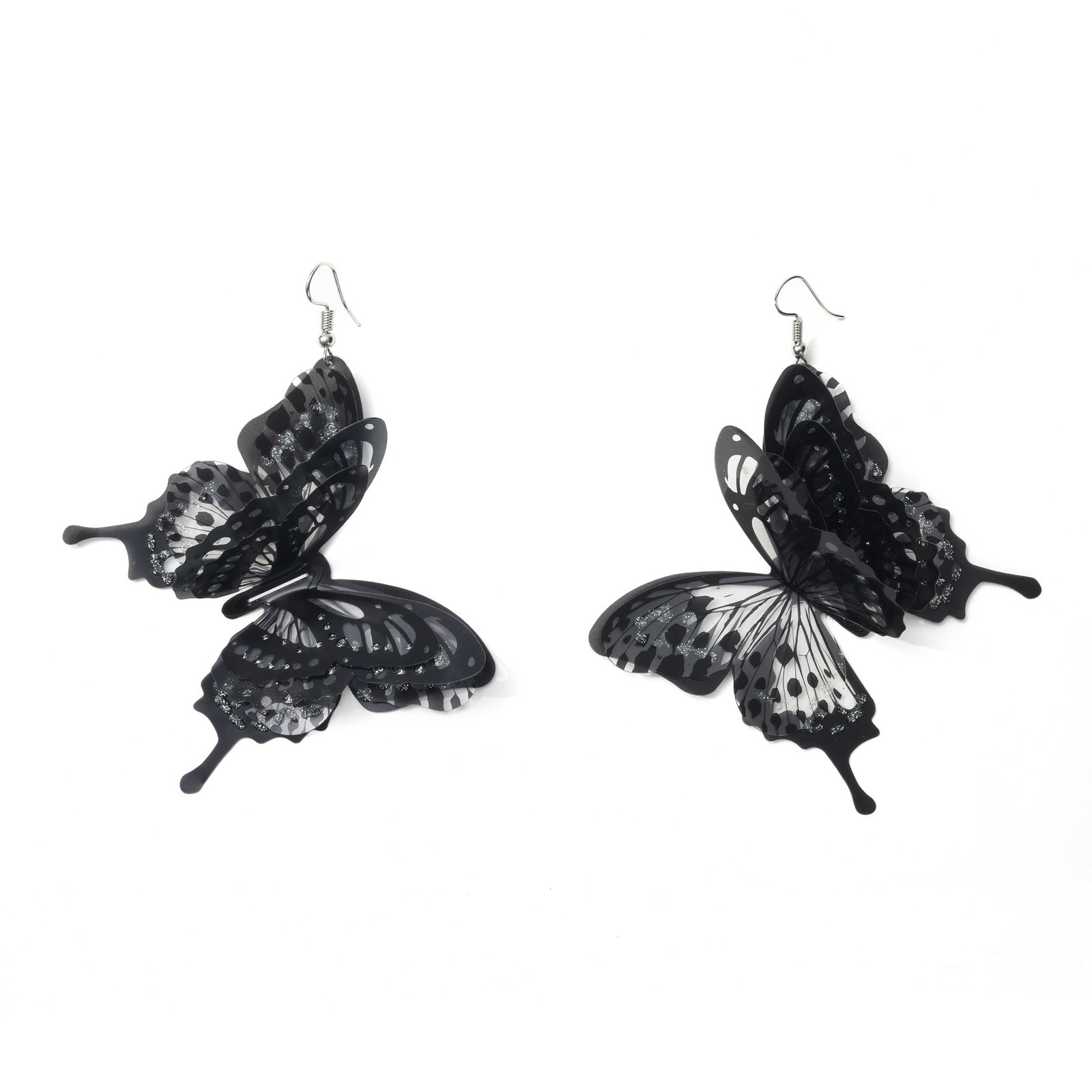 Artistic Atmosphere Black & White Butterfly Long Earrings, Handmade Distressed Frayed Design, Versatile Cool Vacation Accessory.