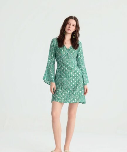 Sage Paisley Mini Dress front view