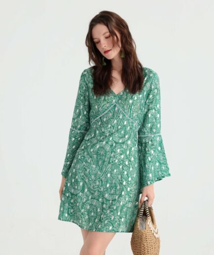 sage paisley bell sleeve mini dress