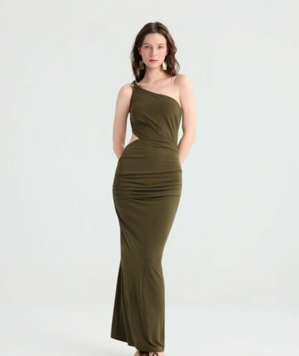 Designer One-Shoulder Side Cutout Ruched Maxi Dress, Metal Buckle Detail Slimming Gown, Summer Premium Niche Vacation Basic.