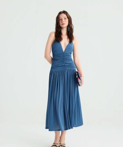 Dusty blue ruched midi dress with deep V-neck