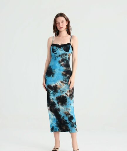 Blue tie-dye slip midi dress with black lace trim