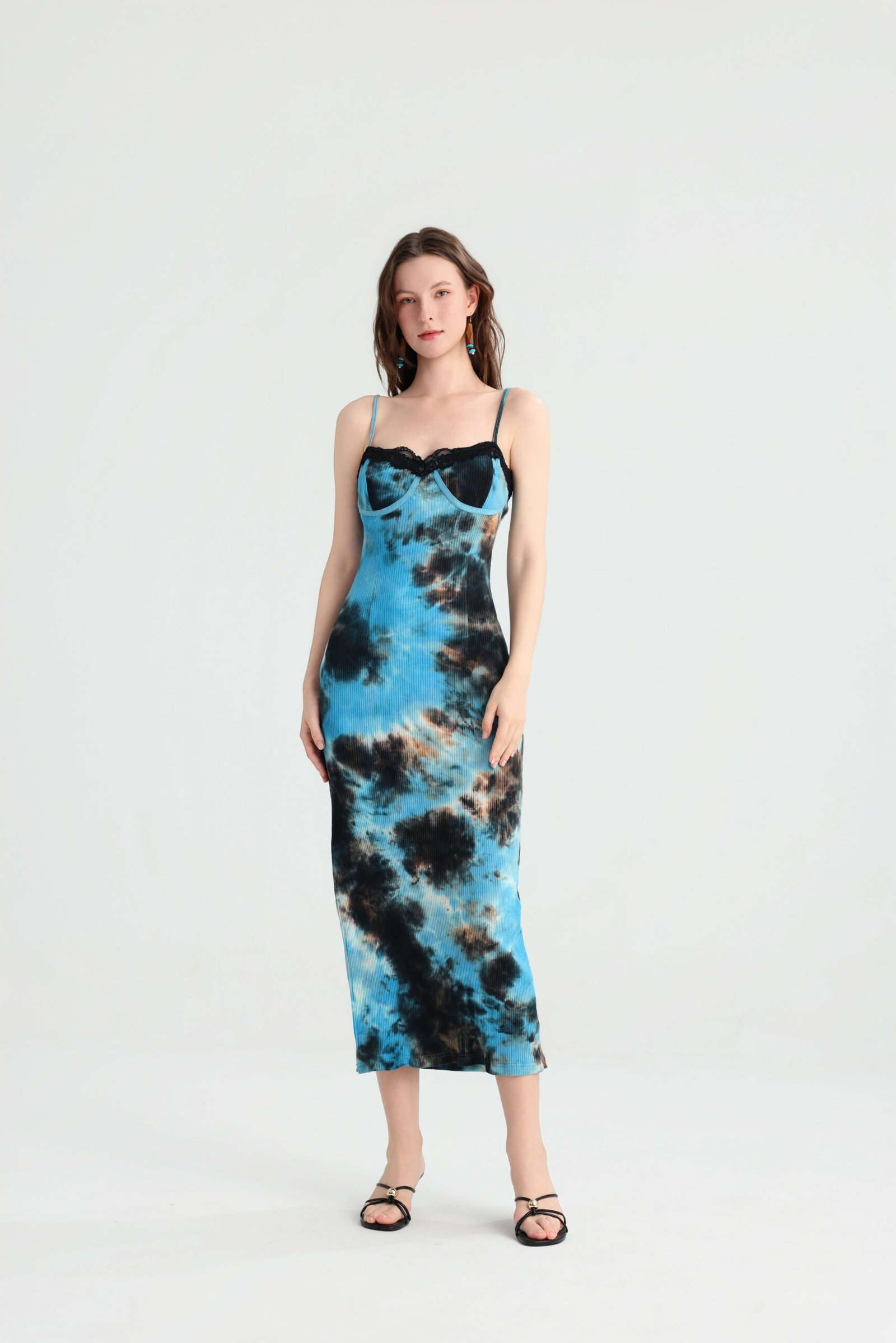 FT625990 Blue tie-dye slip midi dress with black lace trim