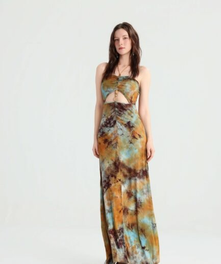 Tie-dye strapless maxi dress front view