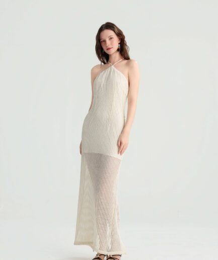 Off-white knit maxi dress with halter neckline