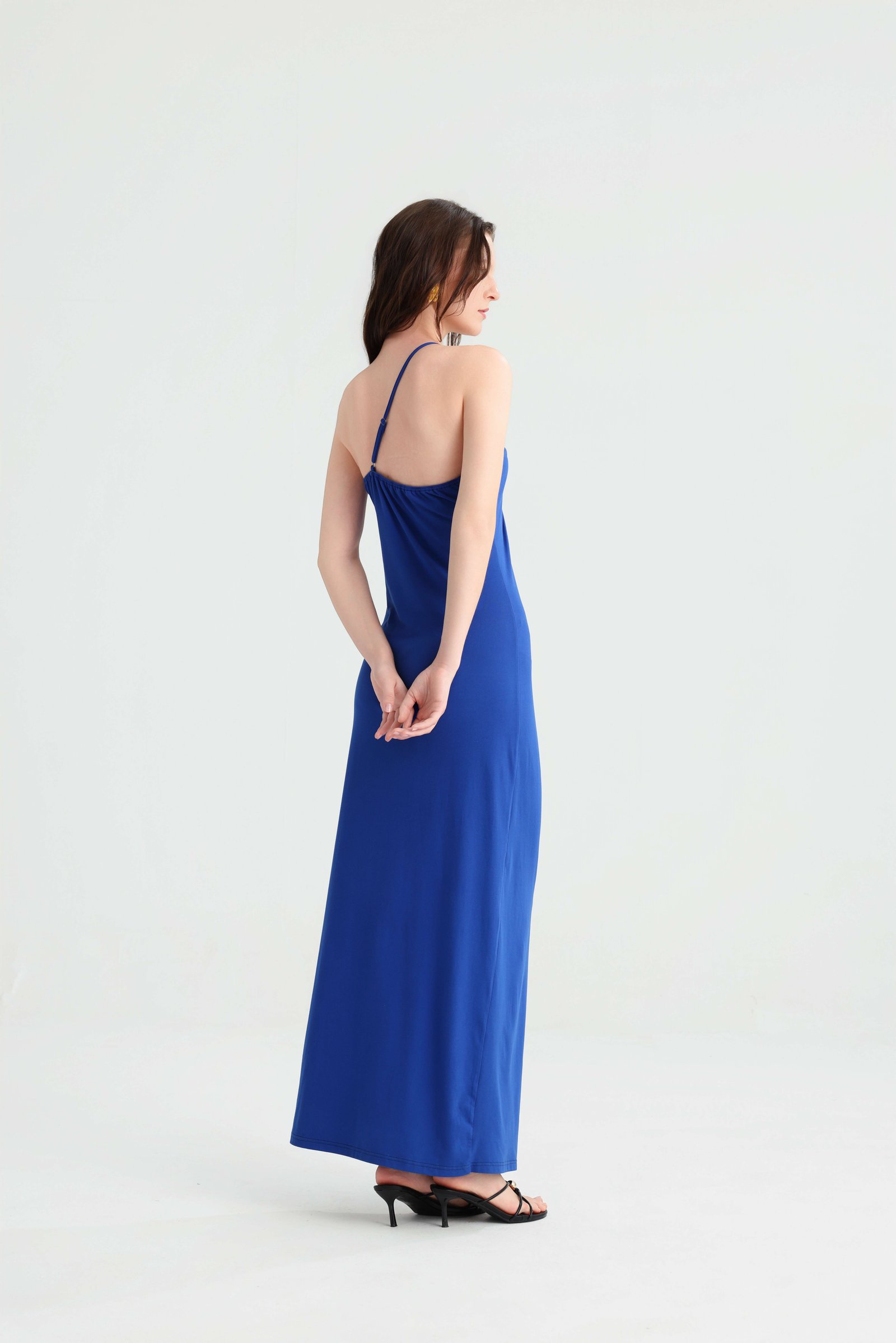 New Royal Blue Halter Long Dress, Women's Summer Slimming Fitted Vacation Maxi, Seaside Travel Versatile Solid Off-Shoulder Dress. - Image 2