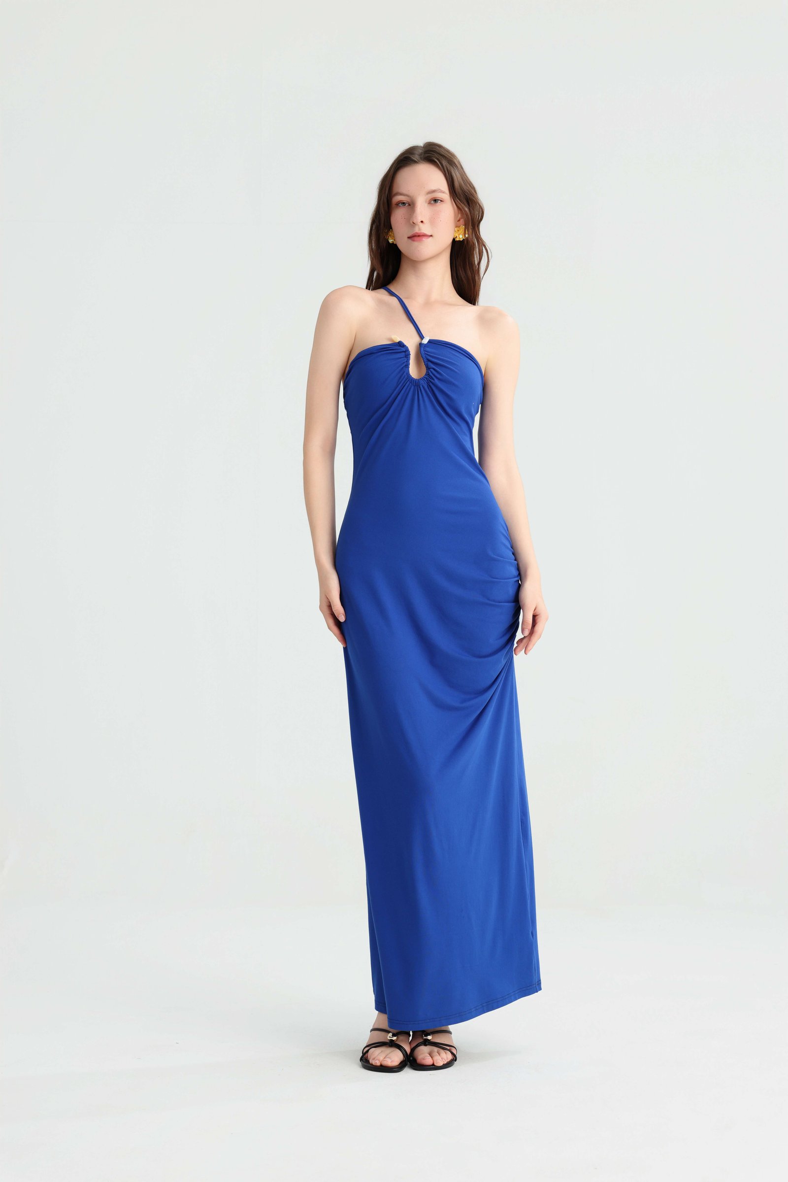 New Royal Blue Halter Long Dress, Women's Summer Slimming Fitted Vacation Maxi, Seaside Travel Versatile Solid Off-Shoulder Dress. - Image 4