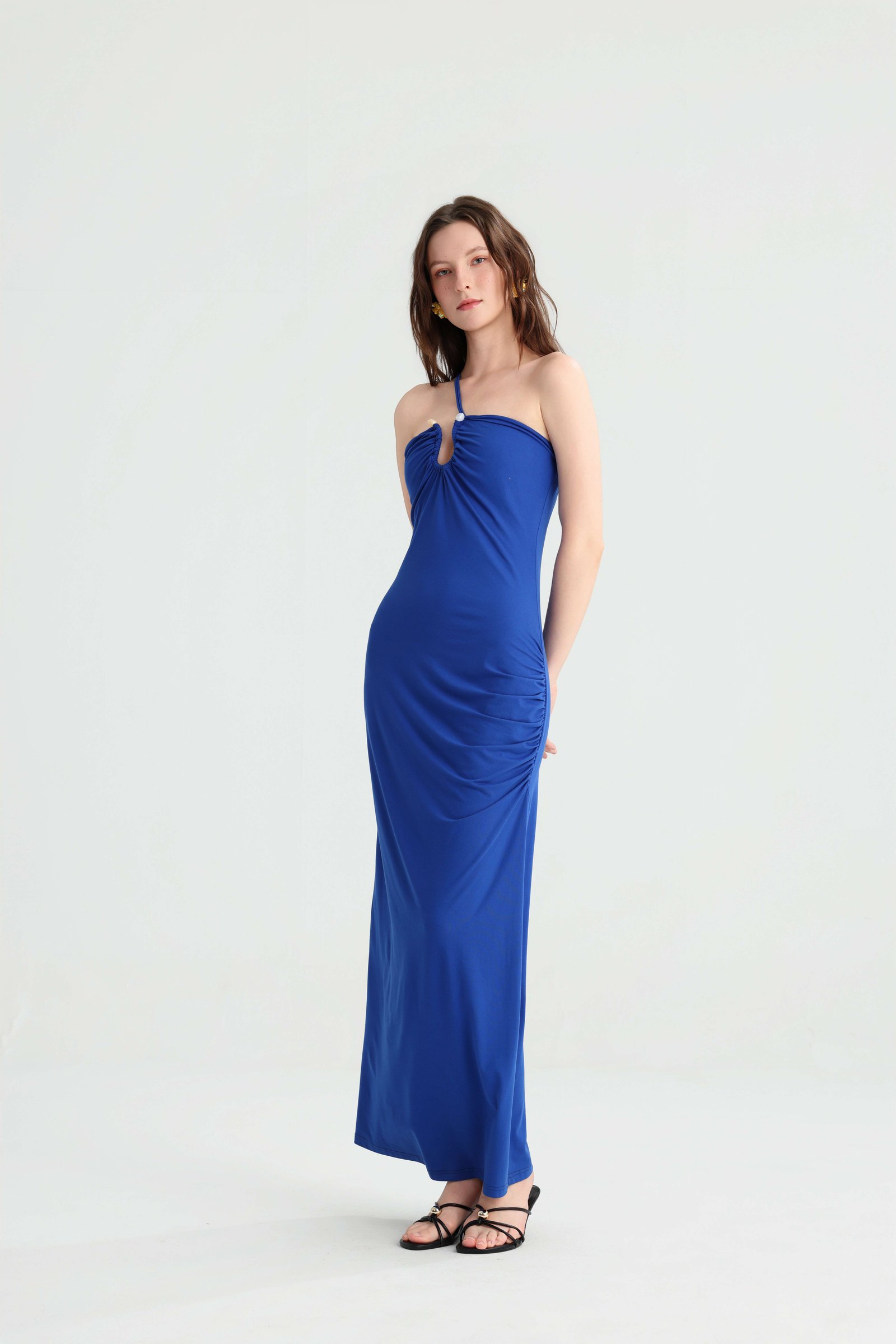New Royal Blue Halter Long Dress, Women's Summer Slimming Fitted Vacation Maxi, Seaside Travel Versatile Solid Off-Shoulder Dress.