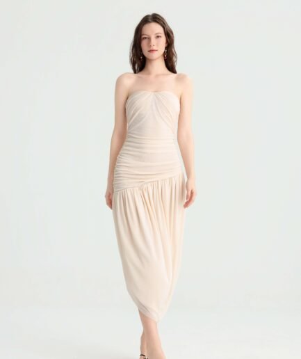 Cream strapless ruched midi dress with asymmetric hem
