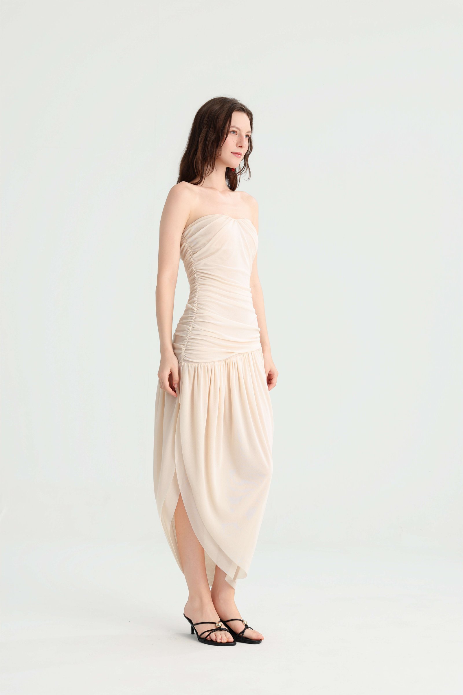 Cream Strapless Ruched Midi Dress with Asymmetric Hem - Image 6