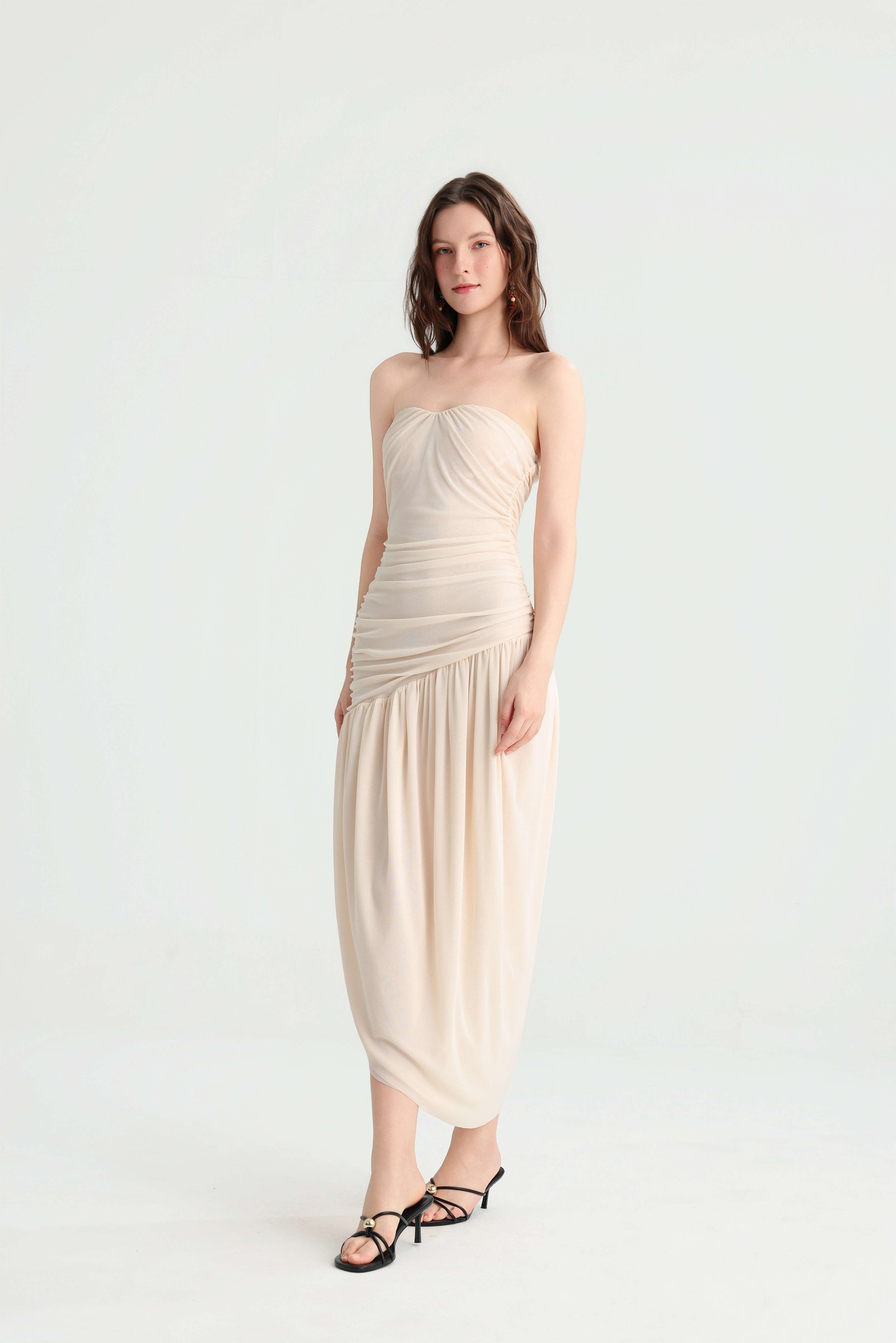 Cream Strapless Ruched Midi Dress with Asymmetric Hem - Image 9