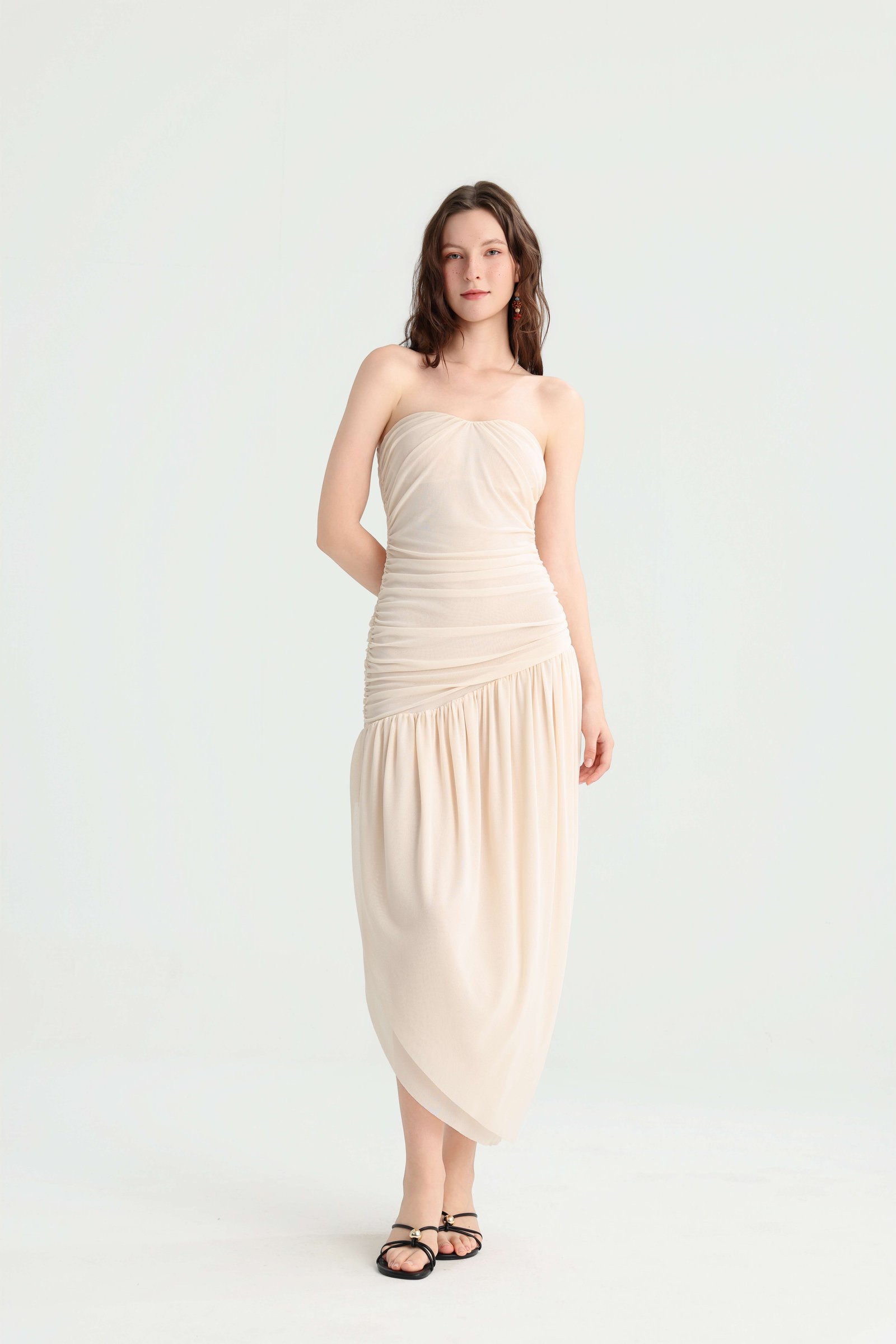 Cream Strapless Ruched Midi Dress with Asymmetric Hem - Image 2