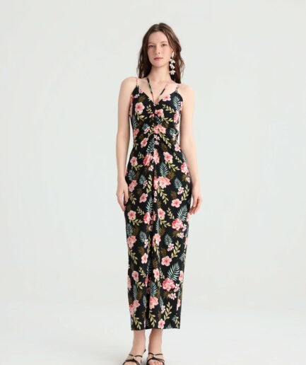 Black tropical floral maxi dress with twist-front bodice